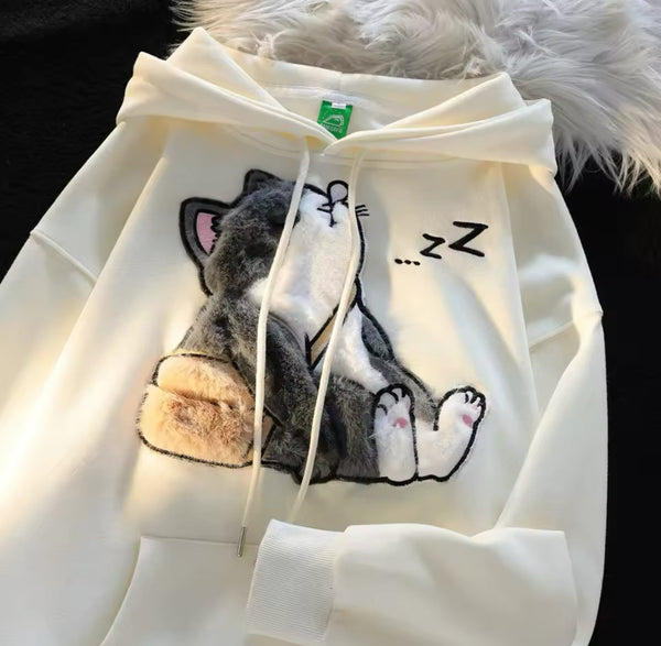 Uyuyan Kedi Desenli Hoodie